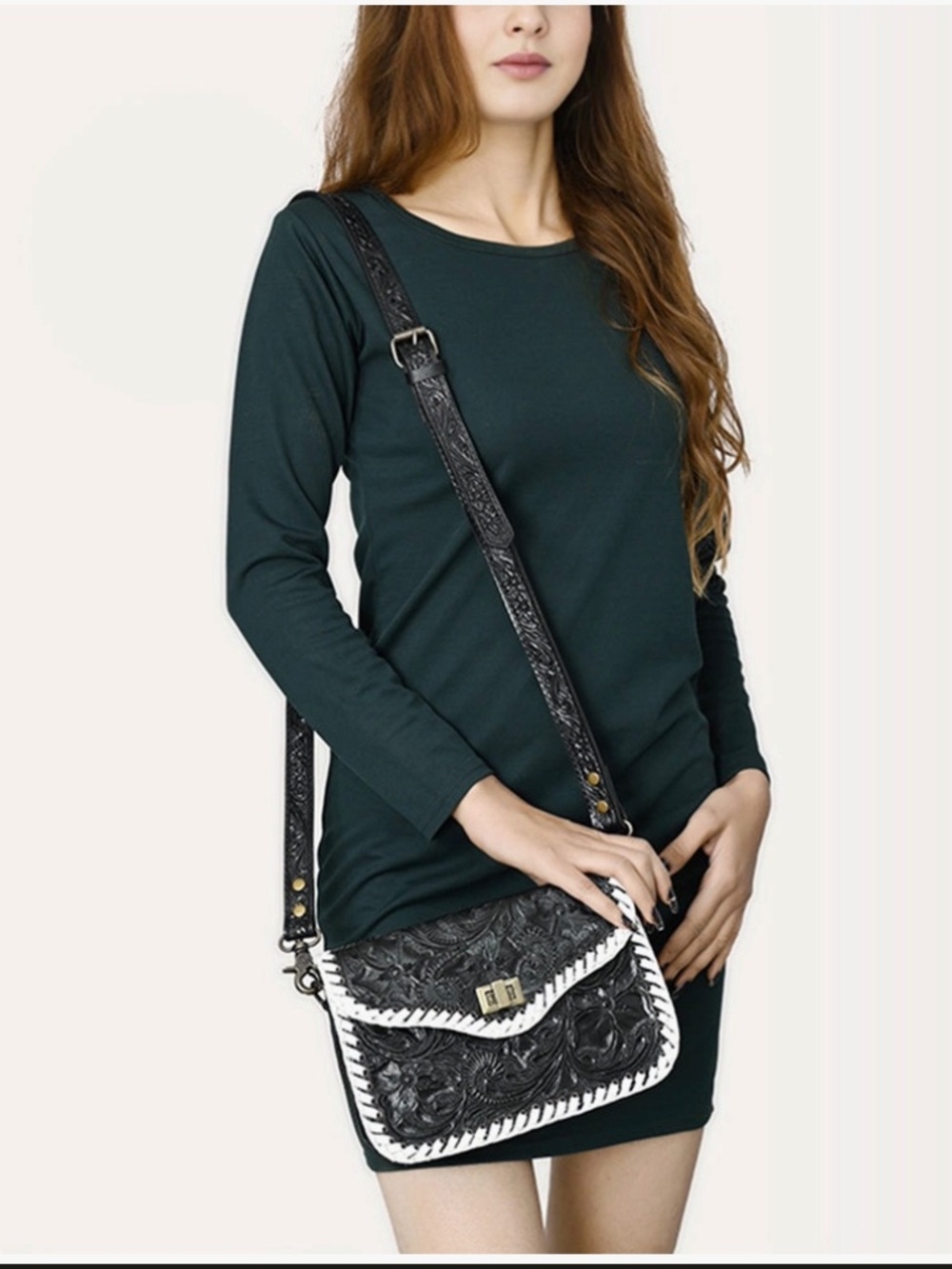 American Darling Western Genuine Leather Small Cross Body Bag with Hand-Tooled